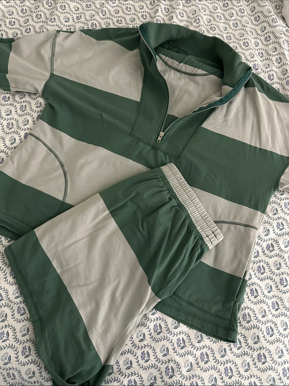 Green and Light Gray Striped Pullover Set - Picture 1 of 1